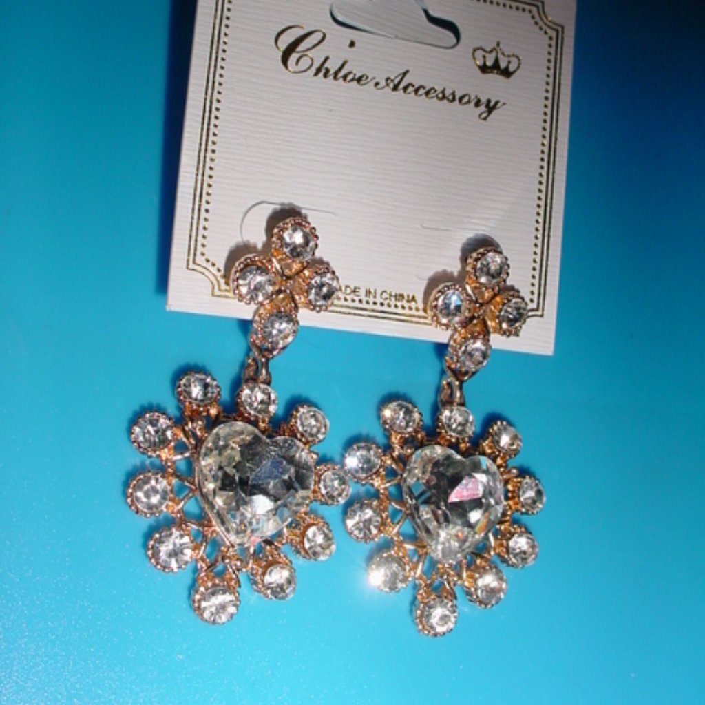 Chloe New Rhinestone Hearts Gold Dangle Earrings